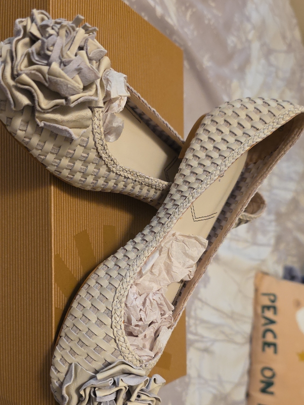 Vago Woven Ballet Flats with Rosette Accent - Cream (Australian Brand)